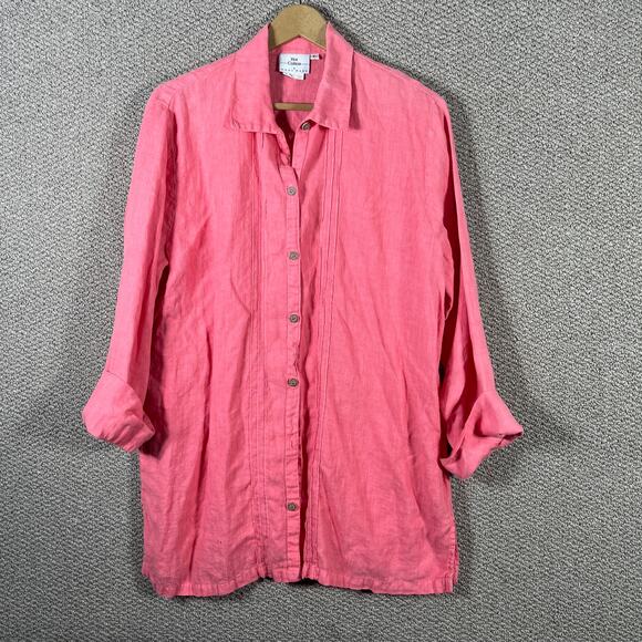 Hot Cotton Tunic Shirt Womens Large Pink Linen Button Up‎ Long Sleeves Collared - Picture 1 of 11